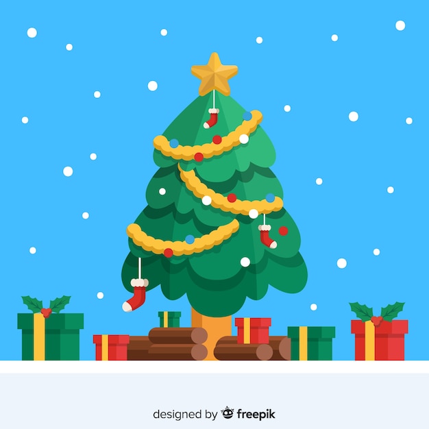 フラットデザインのクリスマスツリーの背景、雪とプレゼント