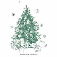 Free vector christmas tree background with hand drawn gifts