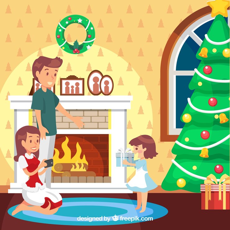 Free Vector christmas tree by the fire place and a family