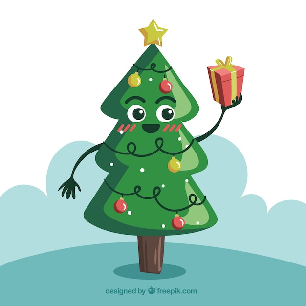 Christmas tree in cartoon style holding a gift box