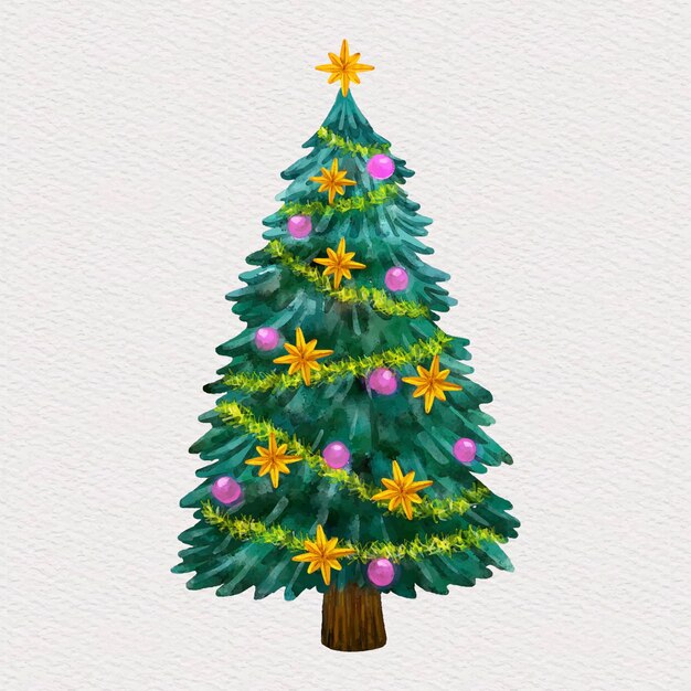 Christmas tree decorated in watercolor