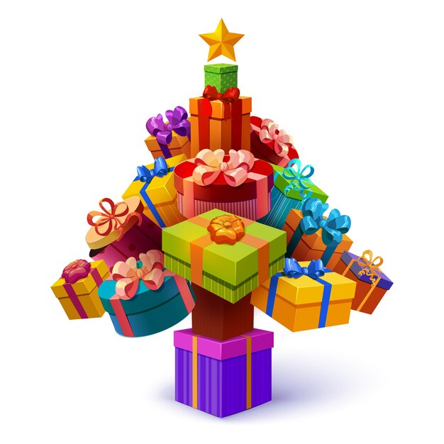 Christmas tree of gift boxes composition with yellow star and decorative packages of different shape