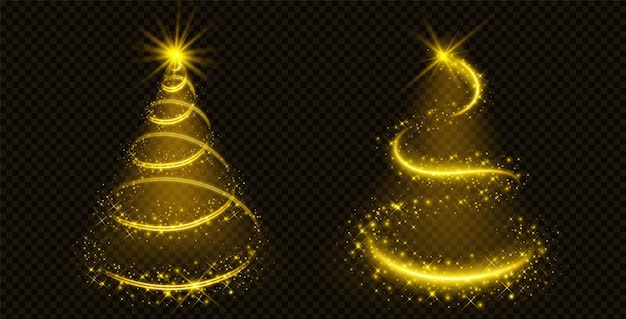 無料ベクター 黄金の光と輝きで作られたクリスマス ツリー 透明な背景に抽象的な光沢と輝きの魔法のクリスマス シンボル 現実的なベクトルは、輝き効果を持つモミの装飾の金色のシルエットを照らしました
