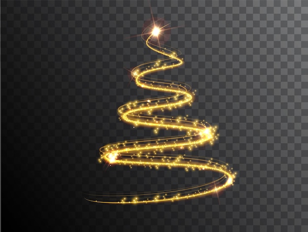 透明な背景の上のクリスマスツリー。光の効果のクリスマスツリー。明けましておめでとう、メリークリスマスの休日のお祝いのシンボル。金色の光の効果のクリスマスの装飾。
