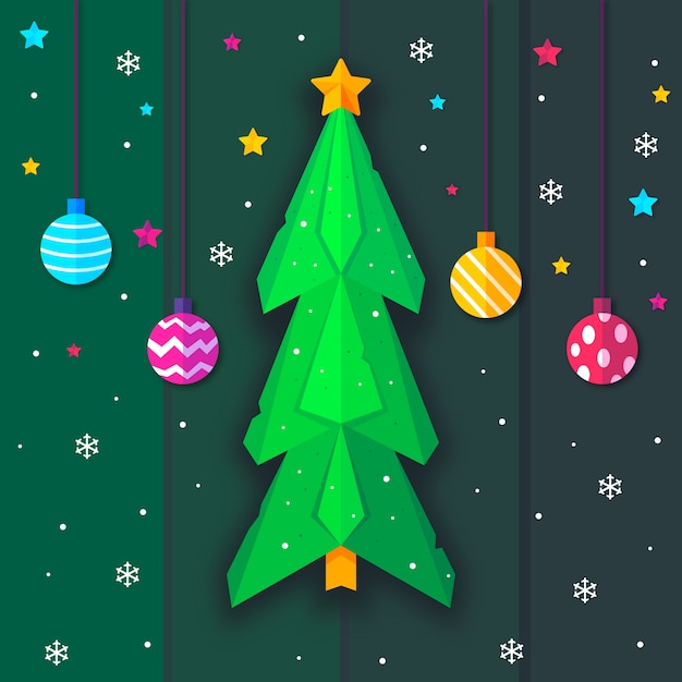 Free vector christmas tree in paper style and hanging christmas balls