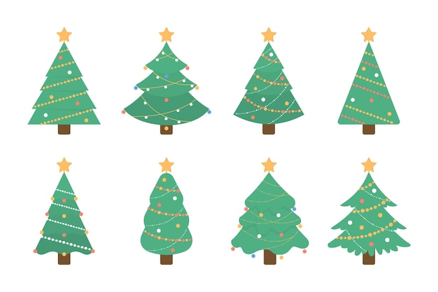 Set di alberi di natale illustrazione di albero verde isolato con giocattoli decorativi e stelle su sfondo bianco