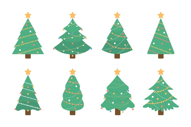 Christmas tree set Isolated green tree illustartion with decorative toys and stars on white background