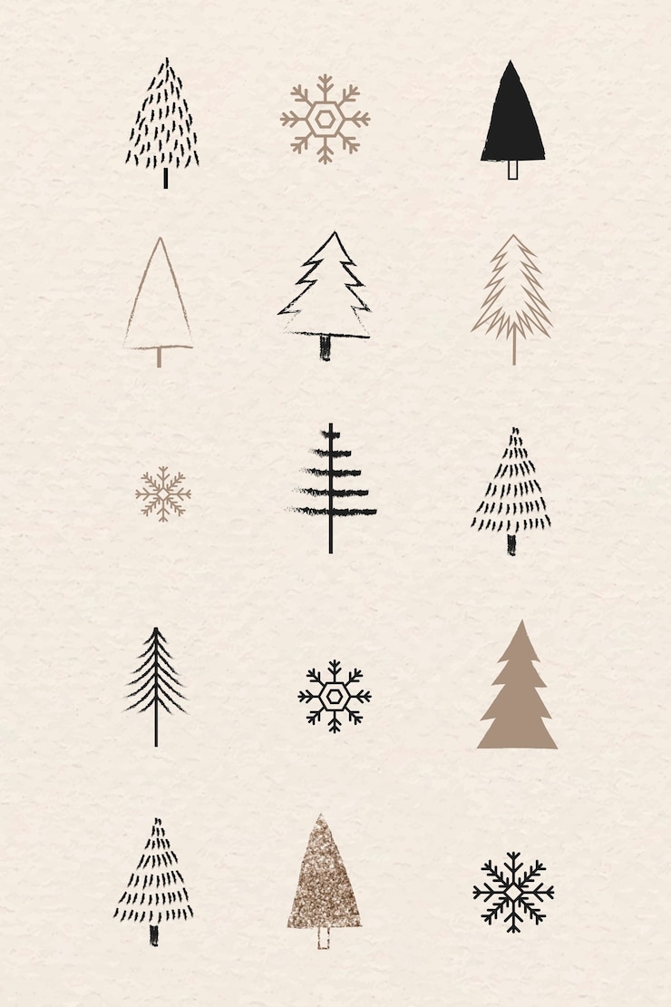 Free Vector christmas tree and snowflakes collection in doodle style
