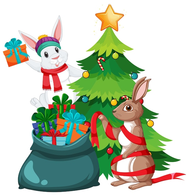 Бесплатное векторное изображение Рождественская елка с милым кроликом