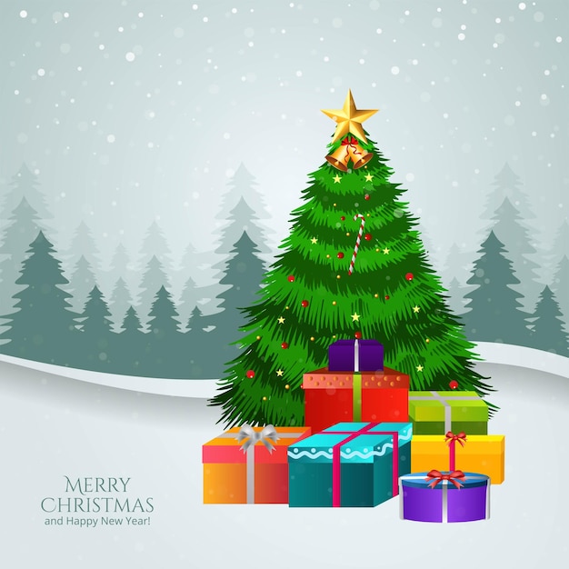 Christmas tree with decorations presents and santa gifts card background