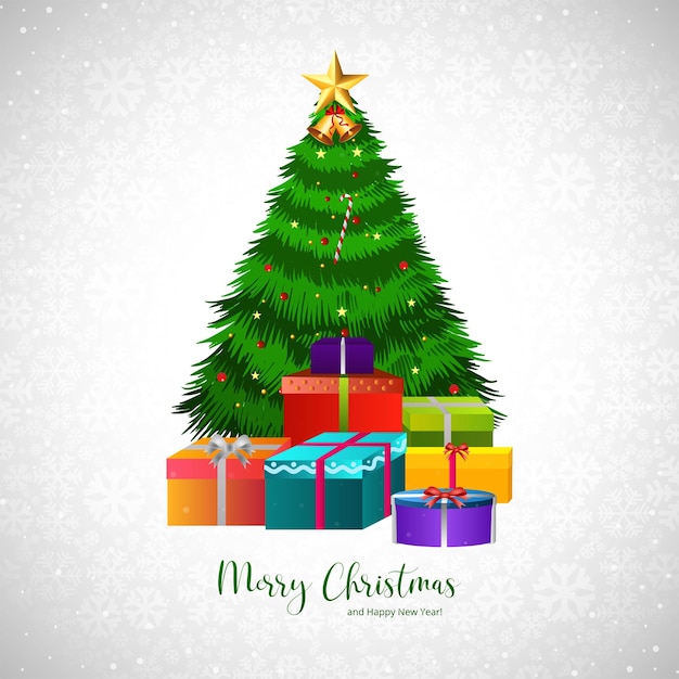 Free vector christmas tree with decorations presents and santa gifts card background