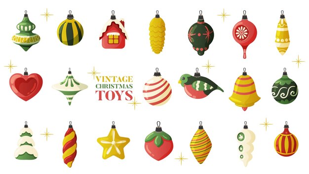 다양 한 모양 벡터 일러스트 레이 션의 크리스마스 공 장식의 고립 된 다채로운 이미지와 함께 설정 크리스마스 빈티지 복고풍 장난감