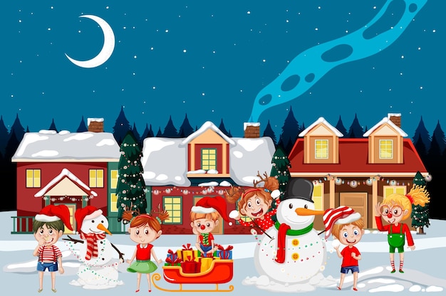 Christmas winter scene with children and snowman