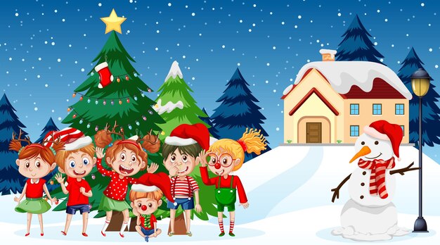 Рождественская зимняя сцена со счастливыми детьми