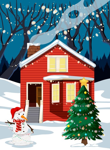 家と飾られたクリスマスツリーとクリスマスの冬のシーン