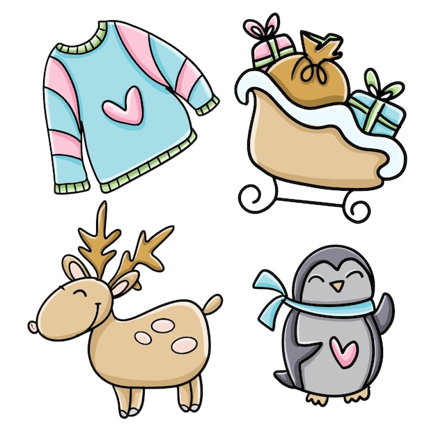 christmas and winter set: reindeer, sweater, penguin, and sleigh with gifts