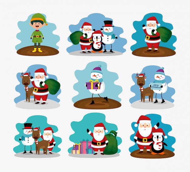 Free vector christmas with reindeer and set characters