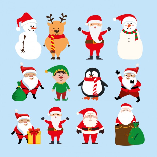 christmas with santa claus and characters set