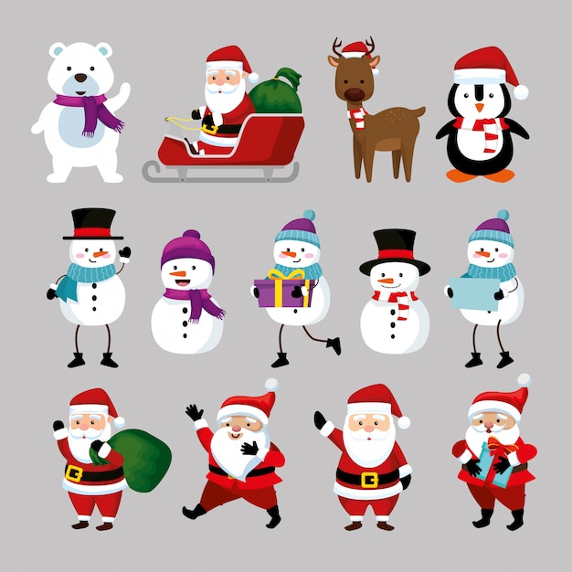 Free vector christmas with santa claus and set characters