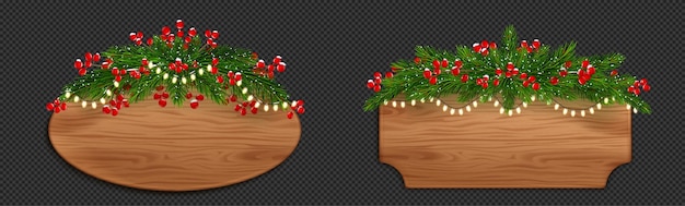 Бесплатное векторное изображение Рождественская деревянная вывеска с елью и красными ягодами