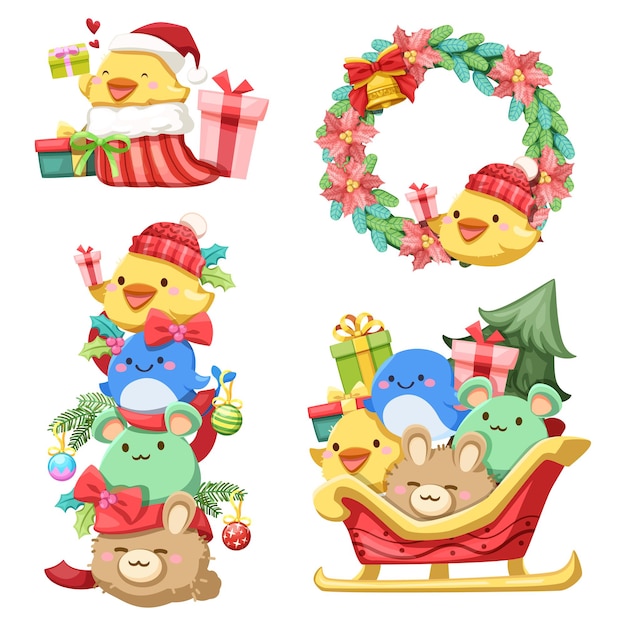 녹색 가지, 딸기, 금종, 공, 잎, 선물 상자가 있는 크리스마스 화환과 동물 캐릭터
