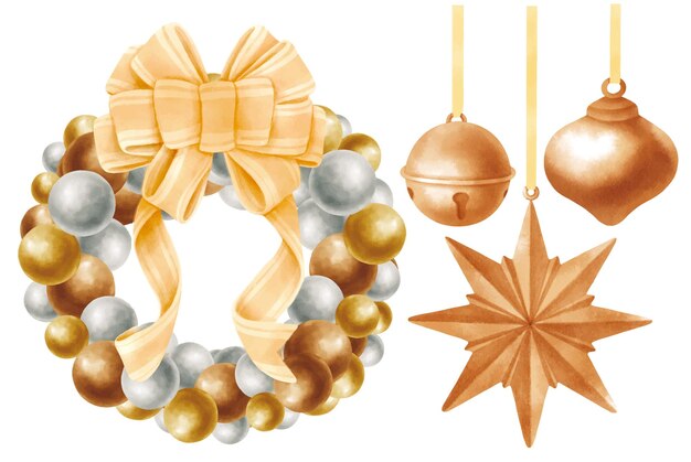 Christmas wreath and bells illustrations watercolor styles