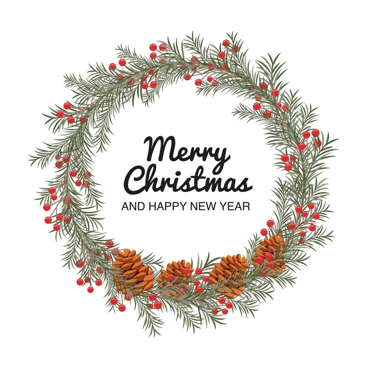 Free Vector christmas wreath card with pine cones merry christmas and happy new year text