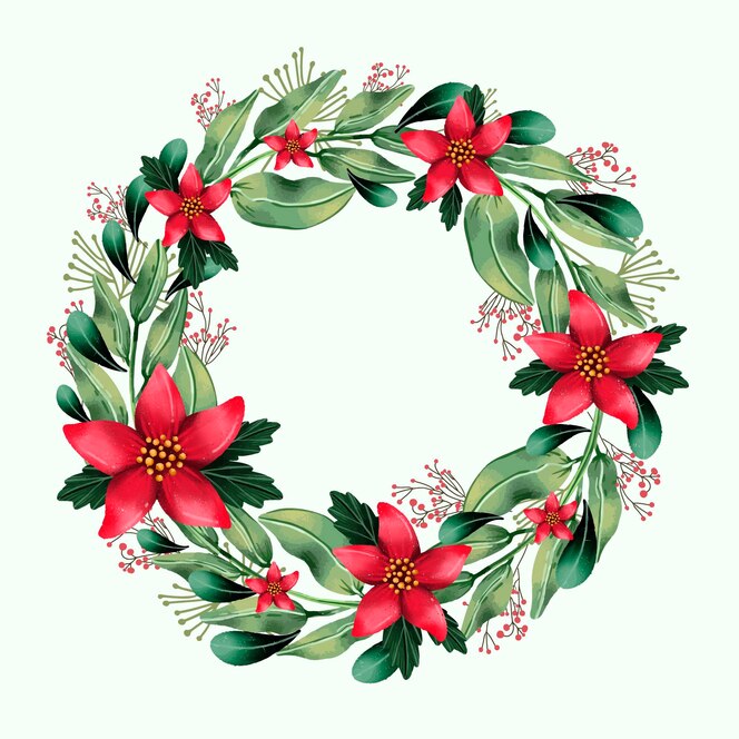水彩花とクリスマスリースのイラスト 無料のベクター 水彩花とクリスマスリースのイラスト 無料のベクター