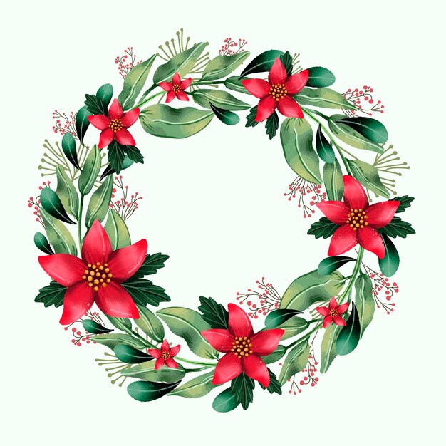 Christmas wreath illustration with watercolor flowers