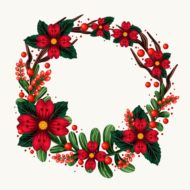 Free vector christmas wreath watercolor illustration with flowers