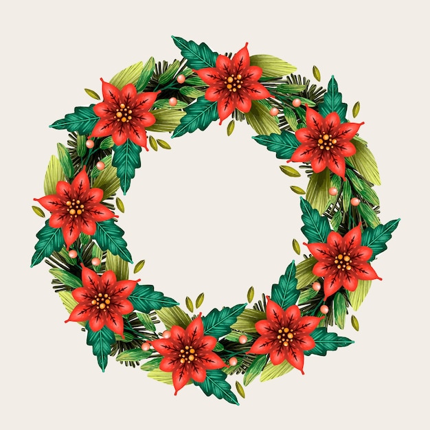 Christmas wreath watercolor illustration with flowers