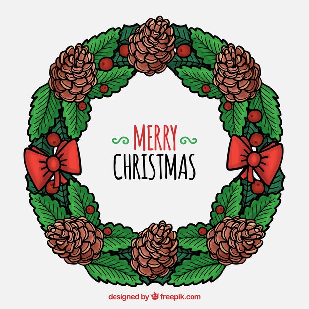 Free vector christmas wreath with cones and red bows