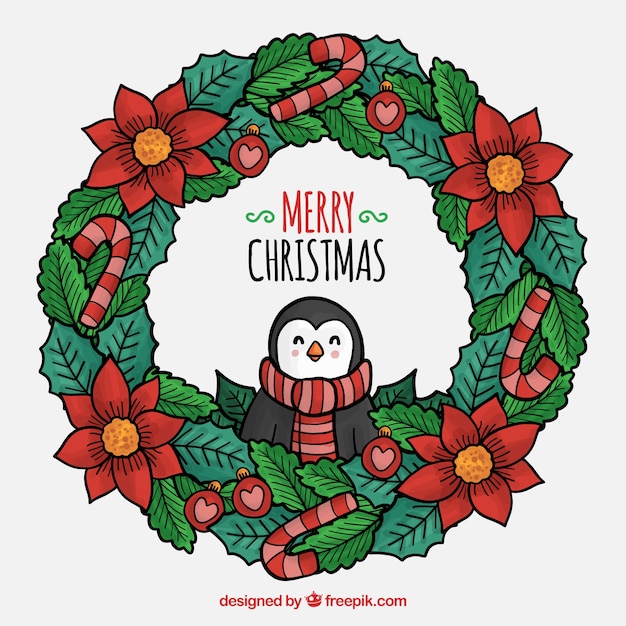 Free vector christmas wreath with a cute penguin