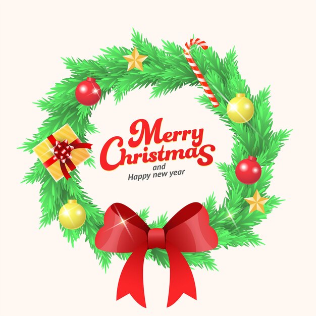 녹색 가지가 있는 크리스마스 화환 빨간색과 금색 공 사탕 지팡이 스타 잎과 활 메리 크리스마스 컷아웃 요소