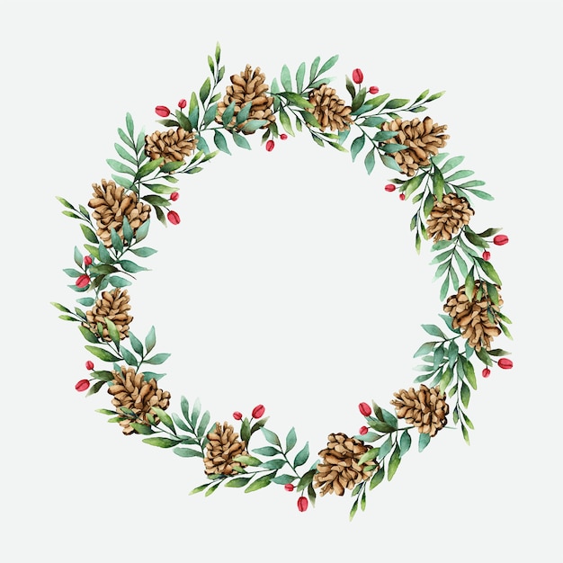 Free vector christmas wreath with pine cones watercolor style vector