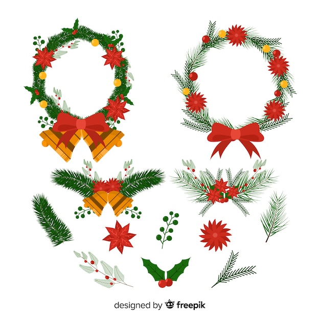 Free vector christmas wreath with ribbons with jingle bells