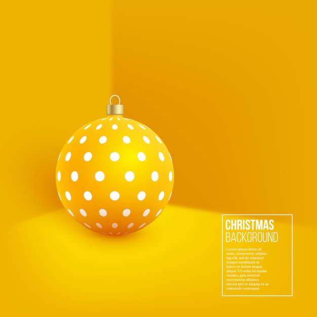 Christmas yellow bauble with geometric pattern. 3d realistic style on wall background, vector illustration.