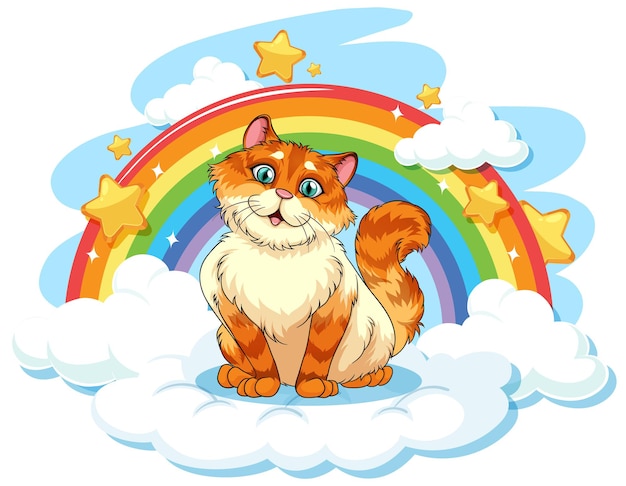 Gatto paffuto sulla nuvola con arcobaleno