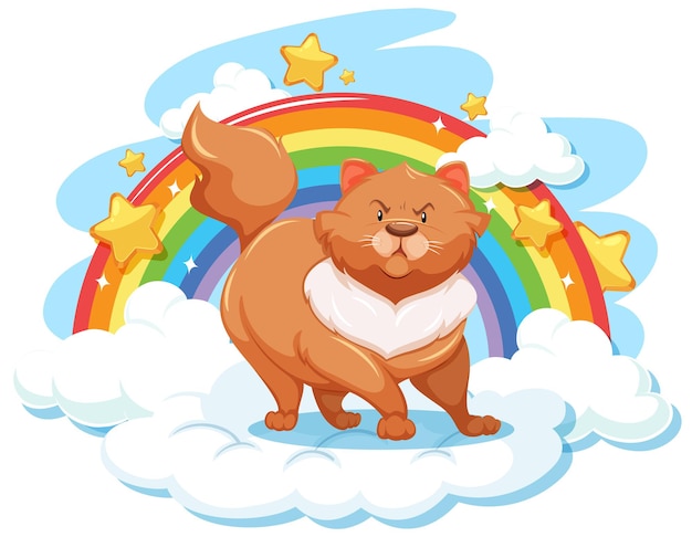 Chubby cat on the cloud with rainbow