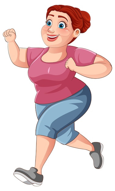 Бесплатное векторное изображение Пухлая женщина, бегущая в позе мультипликационного персонажа