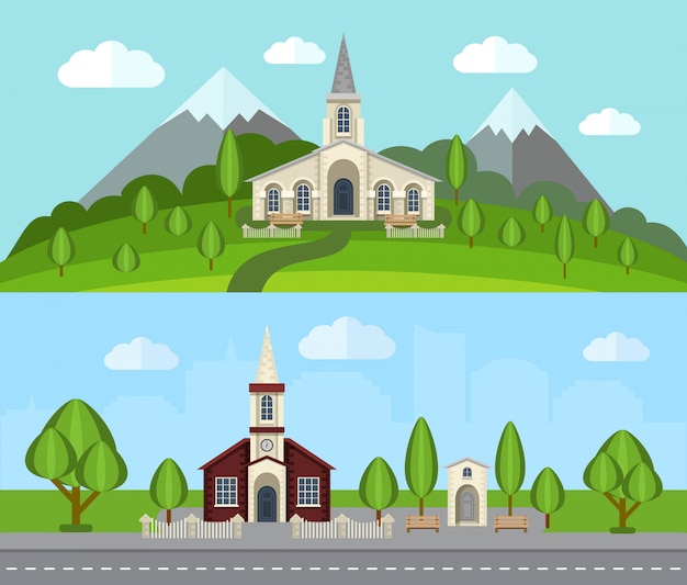 Free vector church flat banner set