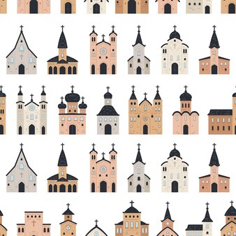 Church icons background flat seamless pattern of church vector icons