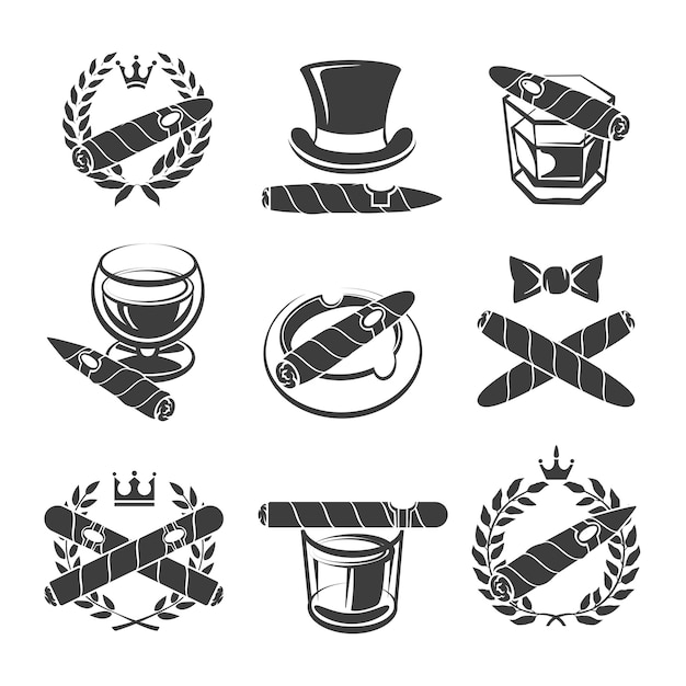 Cigars logo set. Tobacco and nicotine, addiction and drink. Vector illustration