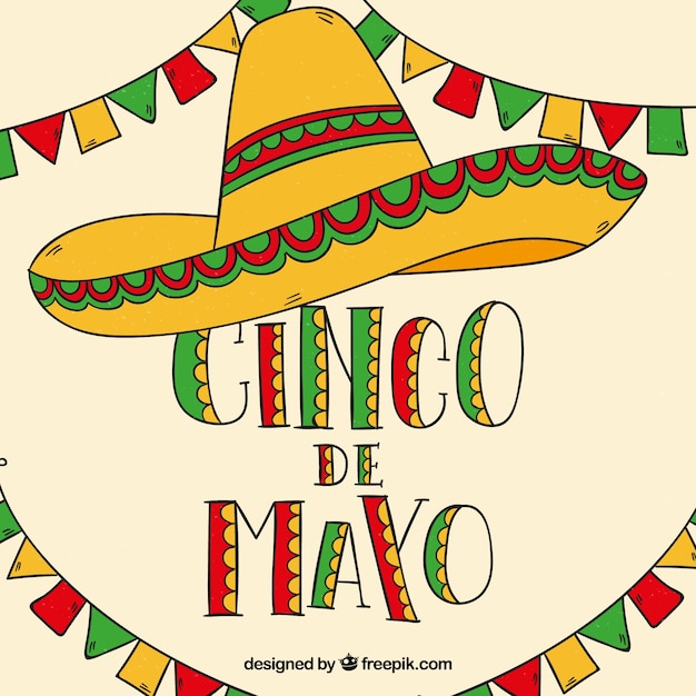 Free vector cinco de mayo background with mexican hat and pennants