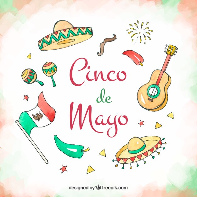 Free Vector cinco de mayo background with traditional elements in watercolor style