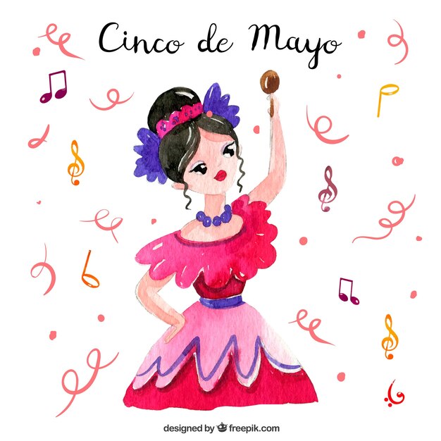 Cinco de mayo background with woman dancing in watercolor style