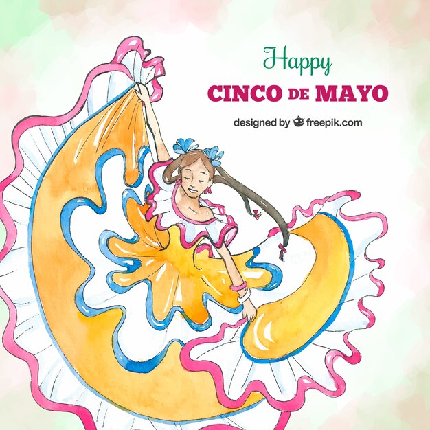 Cinco de mayo фон с женщиной, танцующей в акварельном стиле