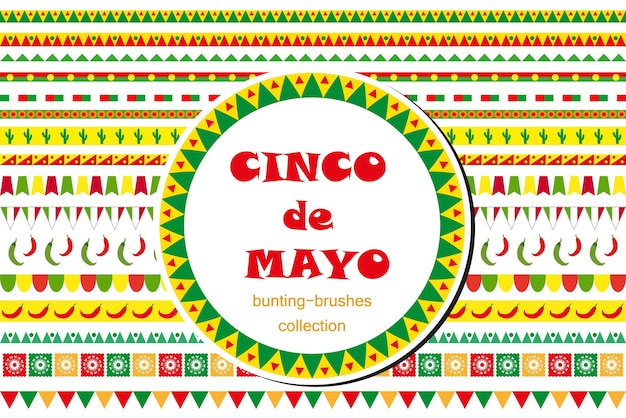 Cinco de mayo celebration set of borders, ornaments, bunting. flat style, isolated on white background. vector illustration, clip art.