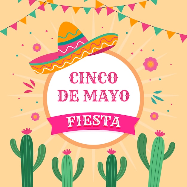 Free vector cinco de mayo with hat and cactus