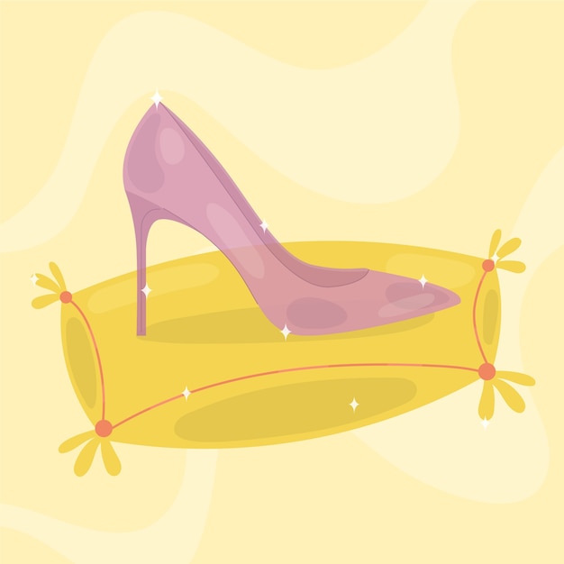 Vettore gratuito la scarpa rosa di vetro smarrito di cenerentola sul cuscino giallo